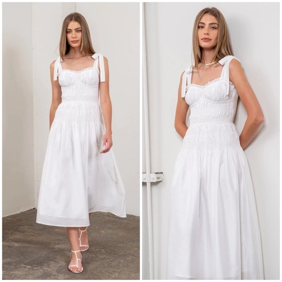 Moon River Yellow Midi Picnic Dress Sundress Adjustable Tie Strap Shirred M - Picture 3 of 14